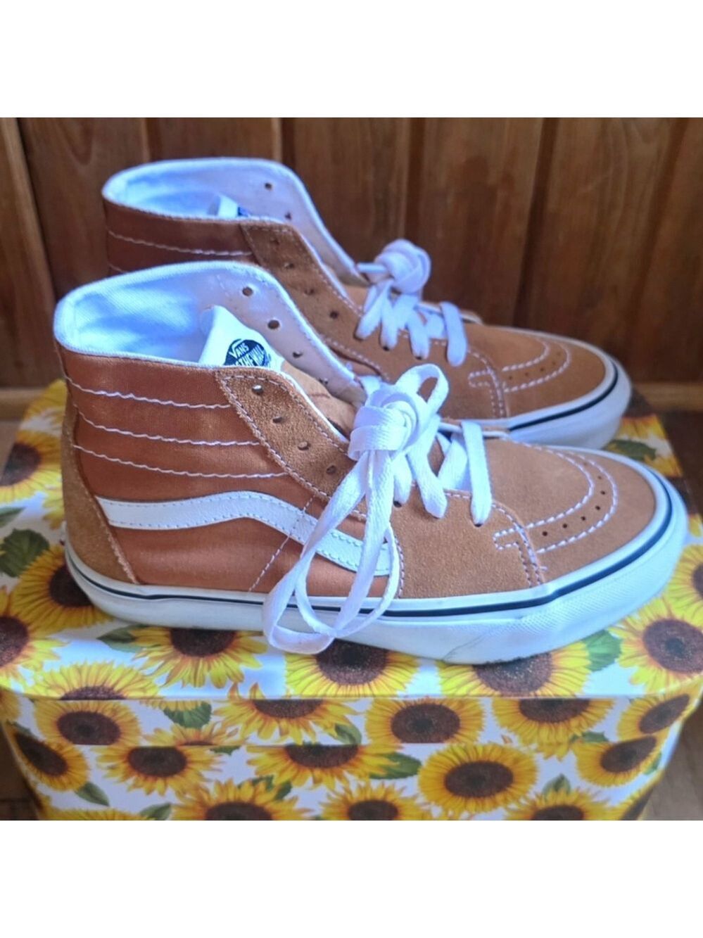 Vans Tan and White High Top Sneakers with Stripe